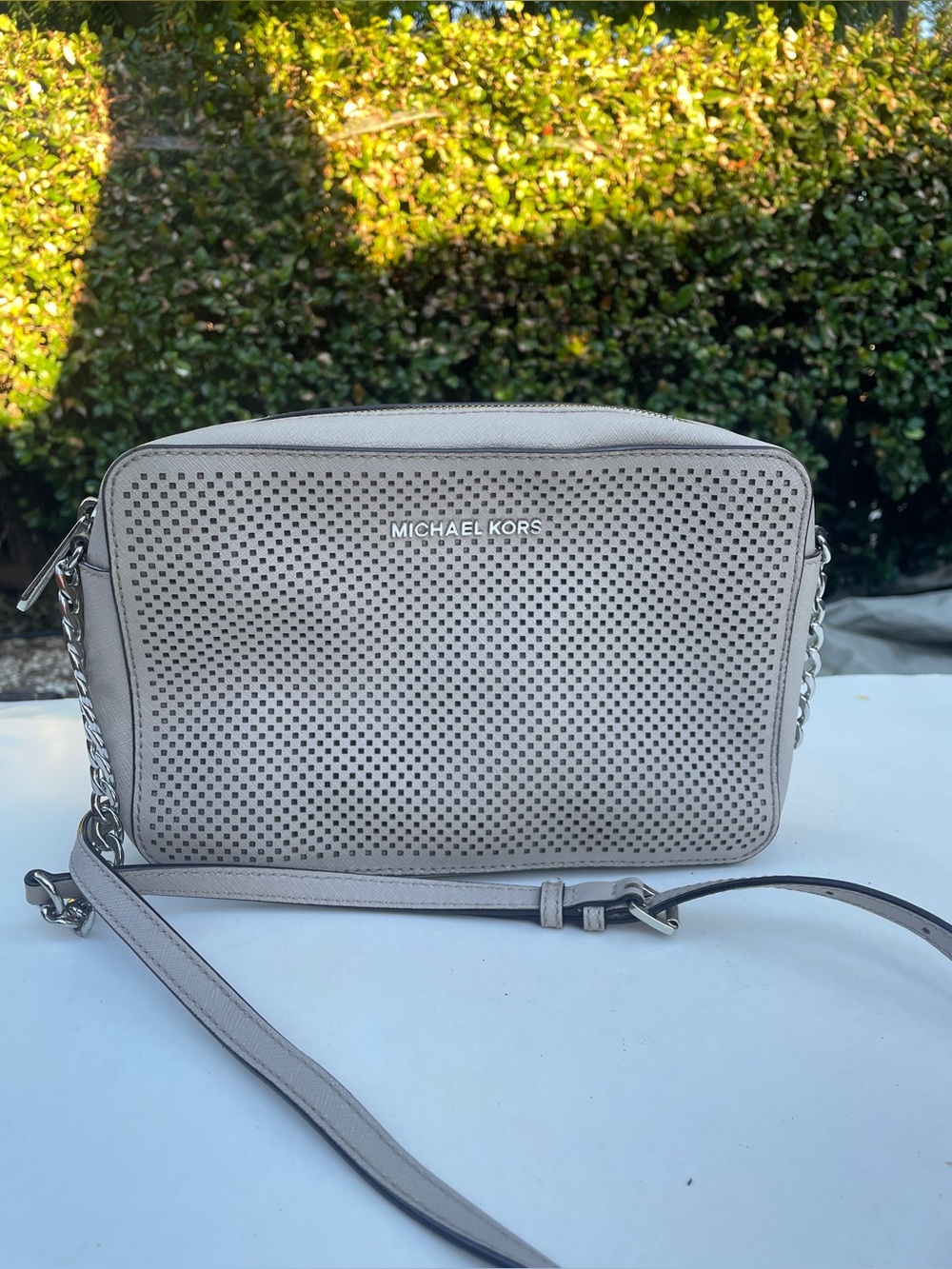 Michael Kors Jet Set Signature Gray Silver Perforated Crossbody Bag